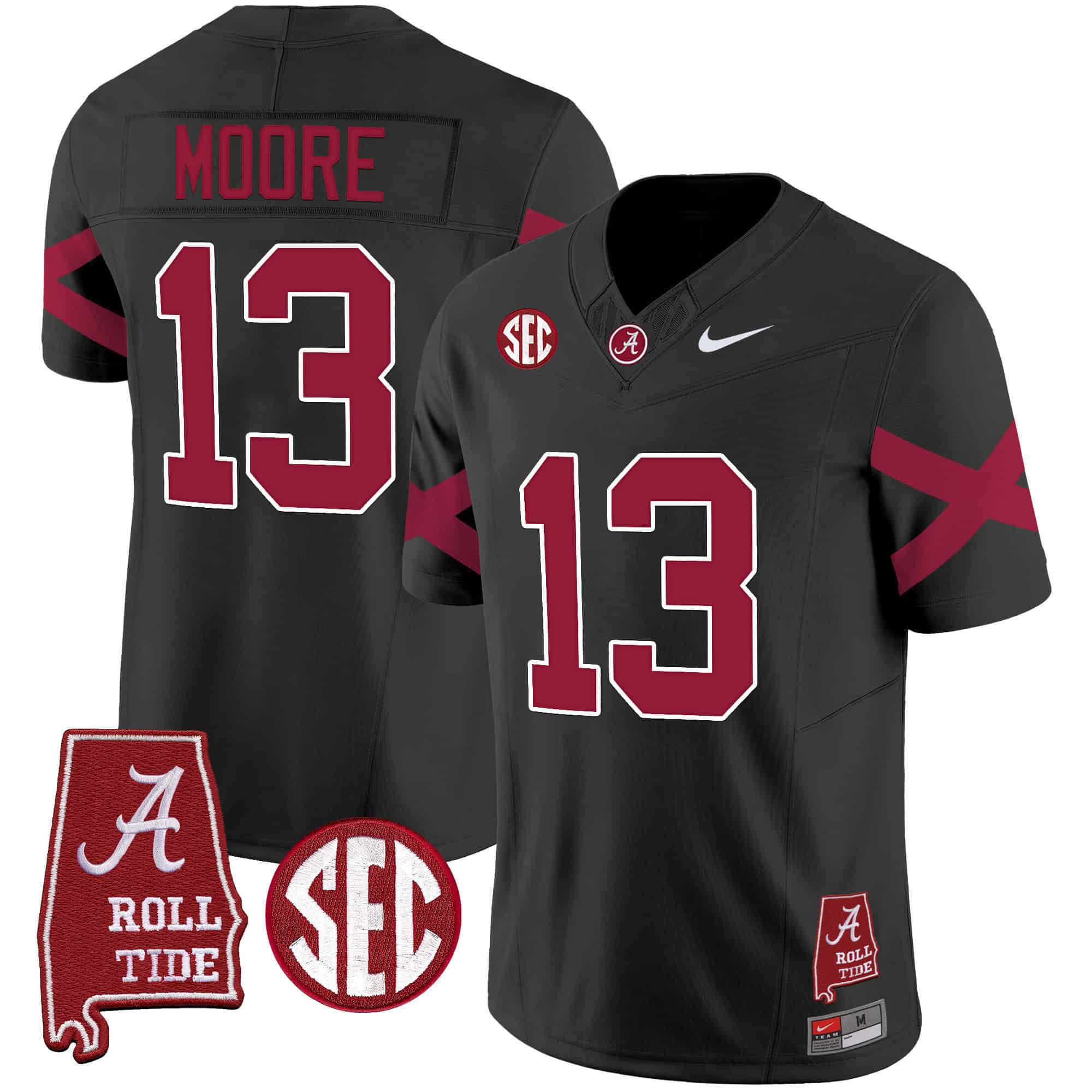 Men Alabama Crimson Tide #13 Moore Black Map Vapor Limited 2024 Nike NCAA Jersey